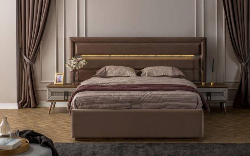 JVmoebel Schlafzimmer-Set Braune Schlafgarnitur Doppelbett mit 2 Holz-Nachtkonsolen, (3-tlg., 1x Bett + 2x Nachttische), Made in Europa von JVmoebel