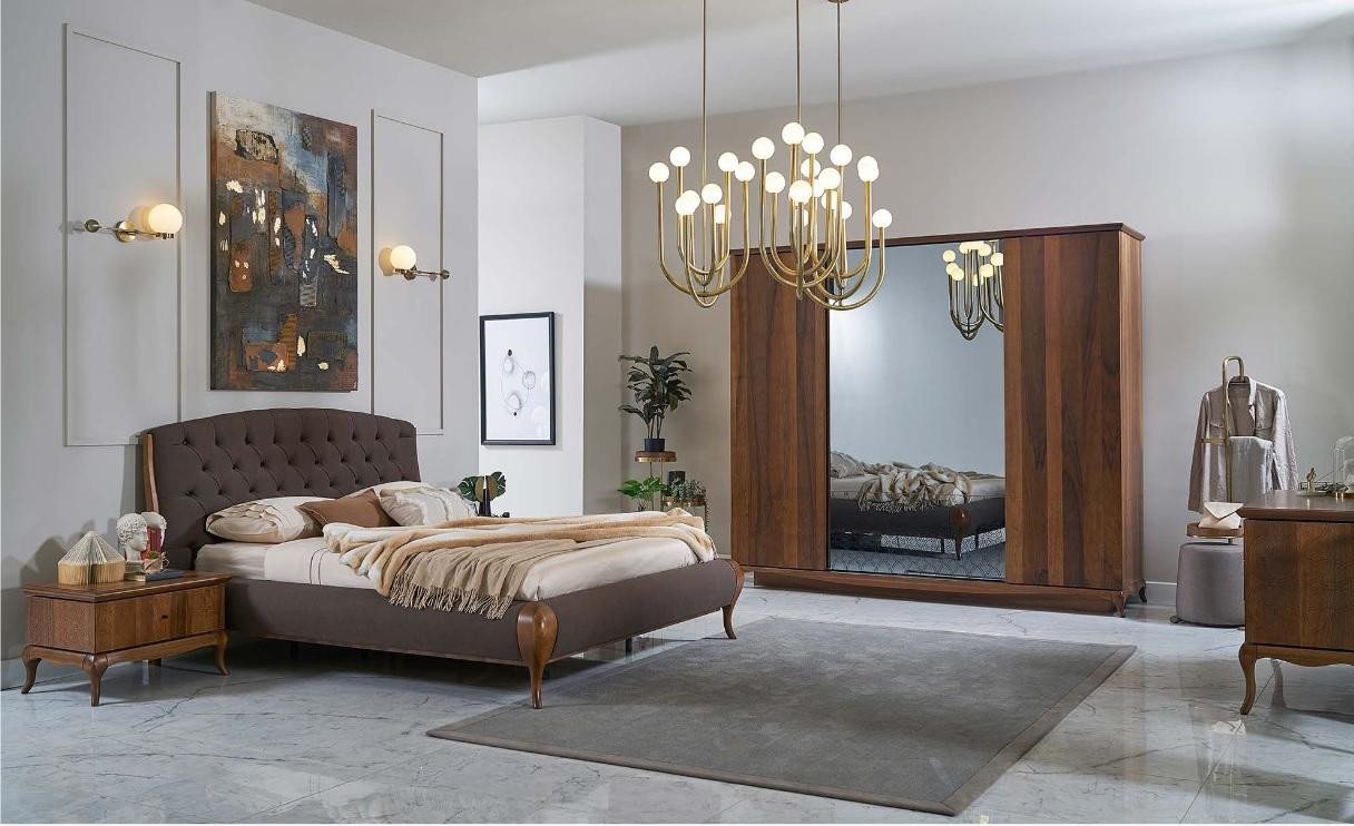 JVmoebel Schlafzimmer-Set Braunes Doppelbett Set 4 Teile komplett für das Schlafzimmer, (4-tlg., 1x Bett + 2x Nachttische + 1x Kleiderschrank), Made in Europa von JVmoebel