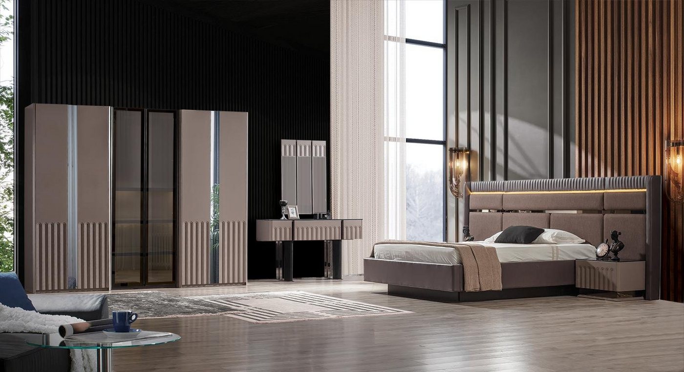 JVmoebel Schlafzimmer-Set Braunes Schlafzimmer Set Bett Nachttische Kleiderschrank Schminktisch, (6-tlg., Bett + 2x Nachttische + Kleiderschrank + Schminktisch + Spiegel), Made in Europa von JVmoebel