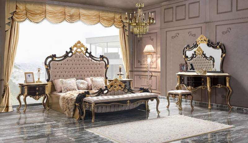 JVmoebel Schlafzimmer-Set Chesterfield Luxus Schlafzimmer Bett Nachttische Schminktisch Hocker, (6-tlg., Nur Bett + 2x Nachttische + Schminktisch + Hocker), Made in Europa von JVmoebel