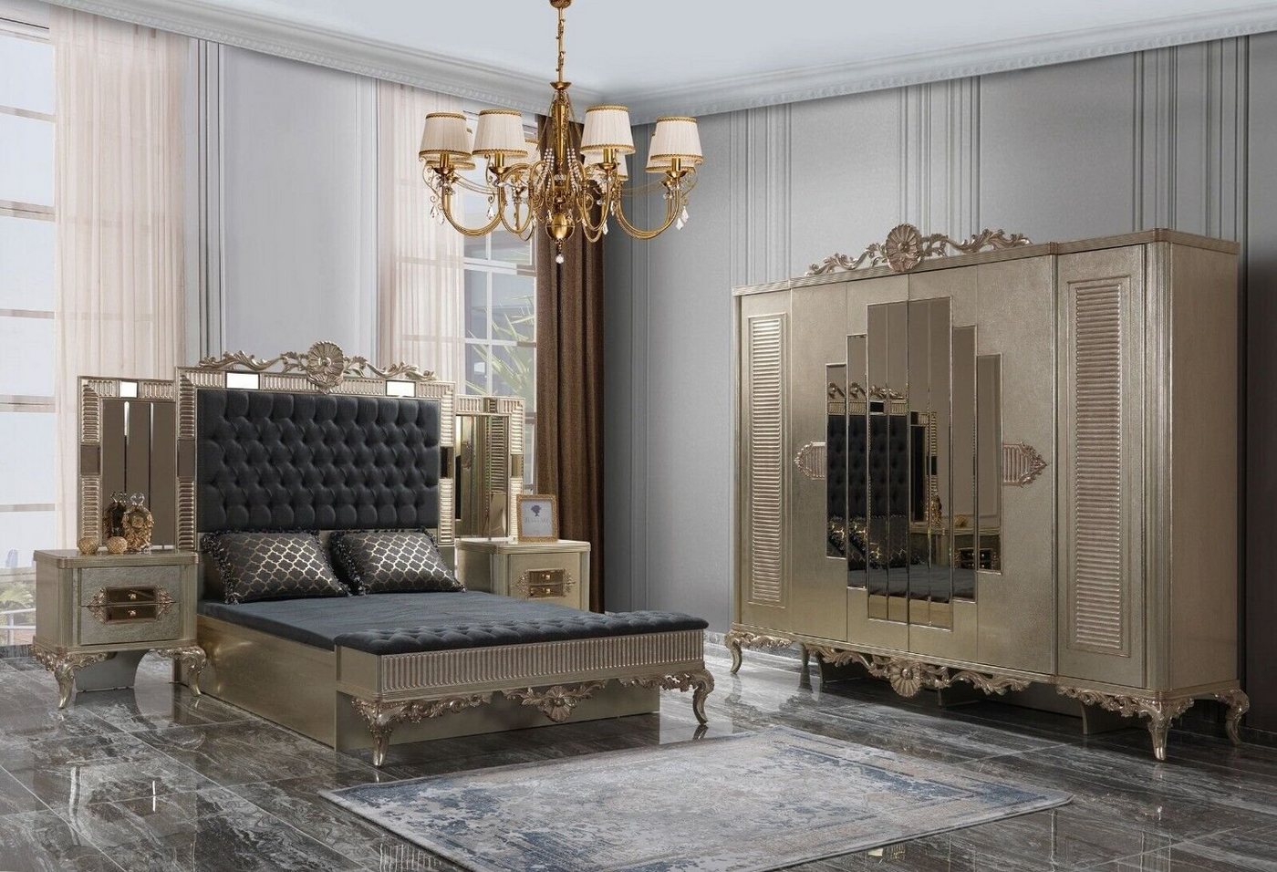 JVmoebel Schlafzimmer-Set Chesterfield Schlafzimmer Bett Nachttische Kleiderschrank Hocker, (5-tlg., Bett + 2x Nachttische + Kleiderschrank + Hocker), Made in Europa von JVmoebel