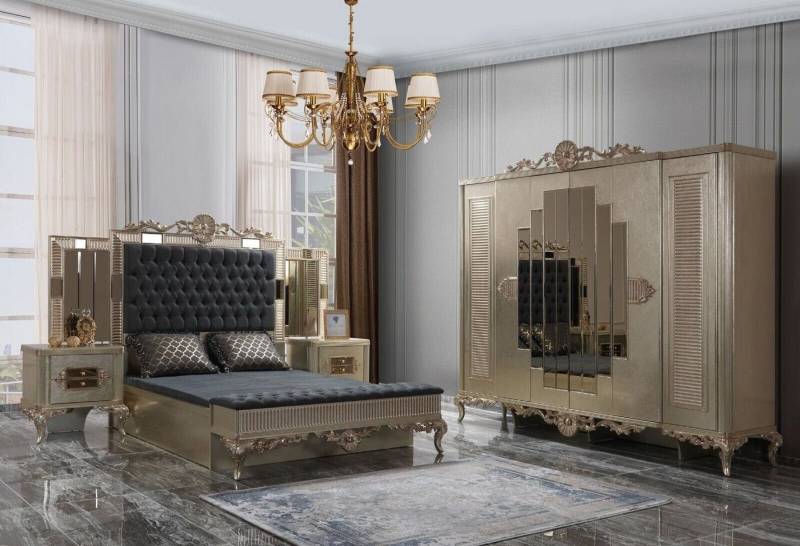 JVmoebel Schlafzimmer-Set Chesterfield Schlafzimmer Bett Nachttische Kleiderschrank Hocker, (5-tlg., Bett + 2x Nachttische + Kleiderschrank + Hocker), Made in Europa von JVmoebel