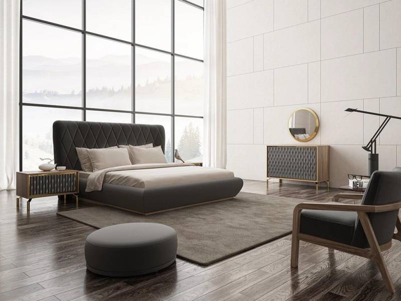 JVmoebel Schlafzimmer-Set Design Schlafzimmer Bett Holz 2x Nachttische Kommode mit Spiegel, (5-tlg., Nur Bett + 2x Nachttische + Kommode + Spiegel), Made in Europa von JVmoebel