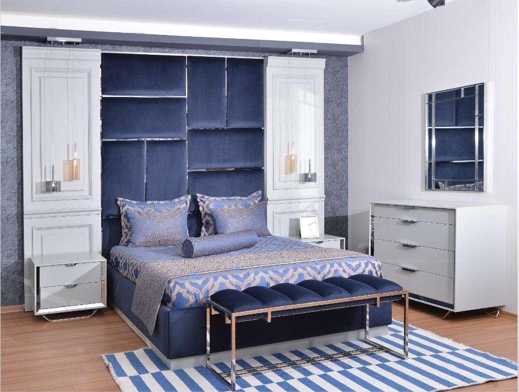 JVmoebel Schlafzimmer-Set Design Schlafzimmer Doppelbett Bett Nachttische Set 7tlg Blau, (7-St., Bett+Kopfteil+2x Nachttische+Kleiderschrank+Kommode+Spiegel+Bank), Made in Europa von JVmoebel