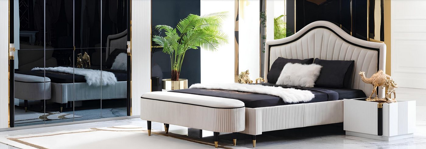 JVmoebel Komplettschlafzimmer Design Schlafzimmer Möbel Set mit 2 Nachttischen, 5tlg., (5-tlg., Bett, 2х Nachttische, Kleiderschrank, Hocker), Made in Europa von JVmoebel