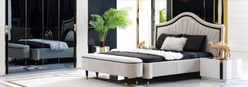 JVmoebel Komplettschlafzimmer Design Schlafzimmer Möbel Set mit 2 Nachttischen, 5tlg., (5-tlg., Bett, 2х Nachttische, Kleiderschrank, Hocker), Made in Europa von JVmoebel