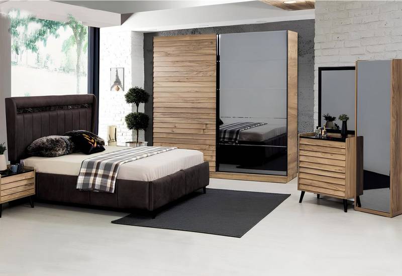 JVmoebel Schlafzimmer-Set Designer Schlafzimmer Möbelset: Polsterbett, Nachttische & Schrank, (5-tlg., Bett / 2x Nachttische / Kleiderschrank / Kommode mit Spiegel), Made in Europa von JVmoebel