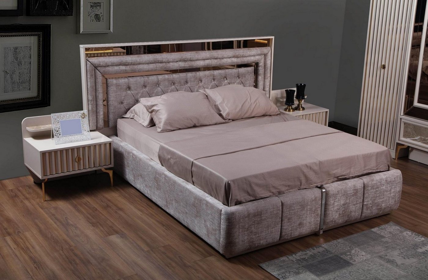 JVmoebel Schlafzimmer-Set Designer Schlafzimmer Set in Taupe mit Bett und Nachttischen, (3-tlg., Bett/2x Nachttische), Made in Europa von JVmoebel