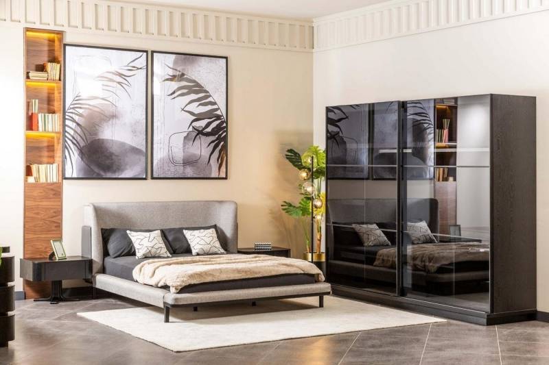 JVmoebel Schlafzimmer-Set Designer Schlafzimmer Set mit Doppelbett und Glastischen, (4-tlg., 1x Bett + 2x Nachttische + 1x Kleiderschrank), Made in Europa von JVmoebel