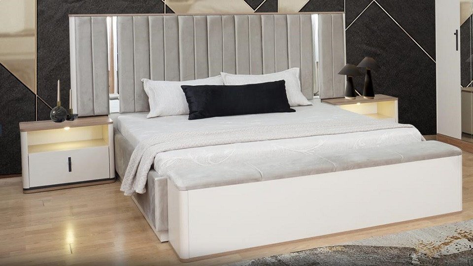 JVmoebel Schlafzimmer-Set Doppelbett Bett Bank Nachttische Mit Beleuchtung Beige Schlafzimmer, (4-tlg., 4tlg. Schlafzimmer Set (Bett + 2x Nachttische + Bank), Made in Europa von JVmoebel