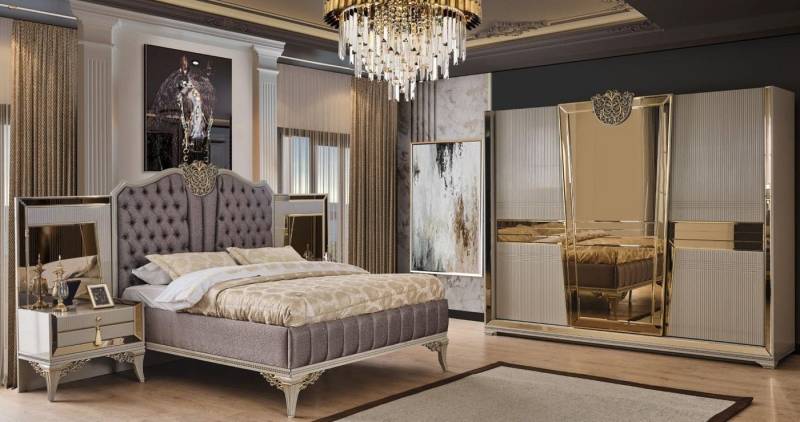 JVmoebel Schlafzimmer-Set Doppelbett Bett Garnitur Schlafzimmer Grau Nachttische Holz Set 4tlg, (4-tlg., 1x Bett + 1x Kleiderschrank + 2x Nachttische), Made in Europa von JVmoebel