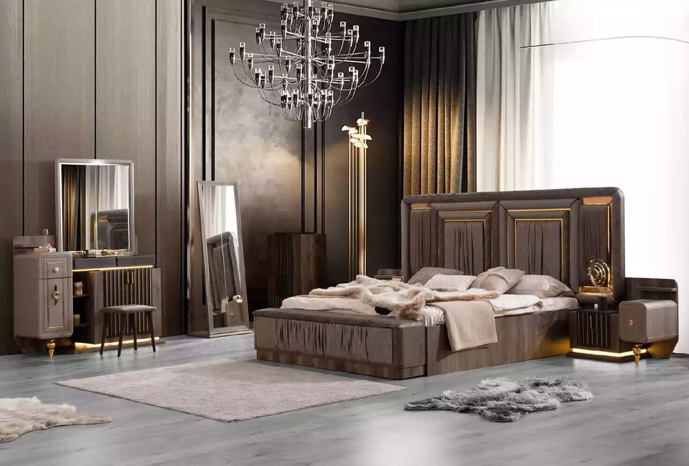 JVmoebel Schlafzimmer-Set Doppelbett Garnitur Schlafzimmer Luxus Bett Modern Grau Design, (6-St., Bett/Bank/2x Nachttische/Schminktisch/Bodenspiegel), Made in Europa von JVmoebel