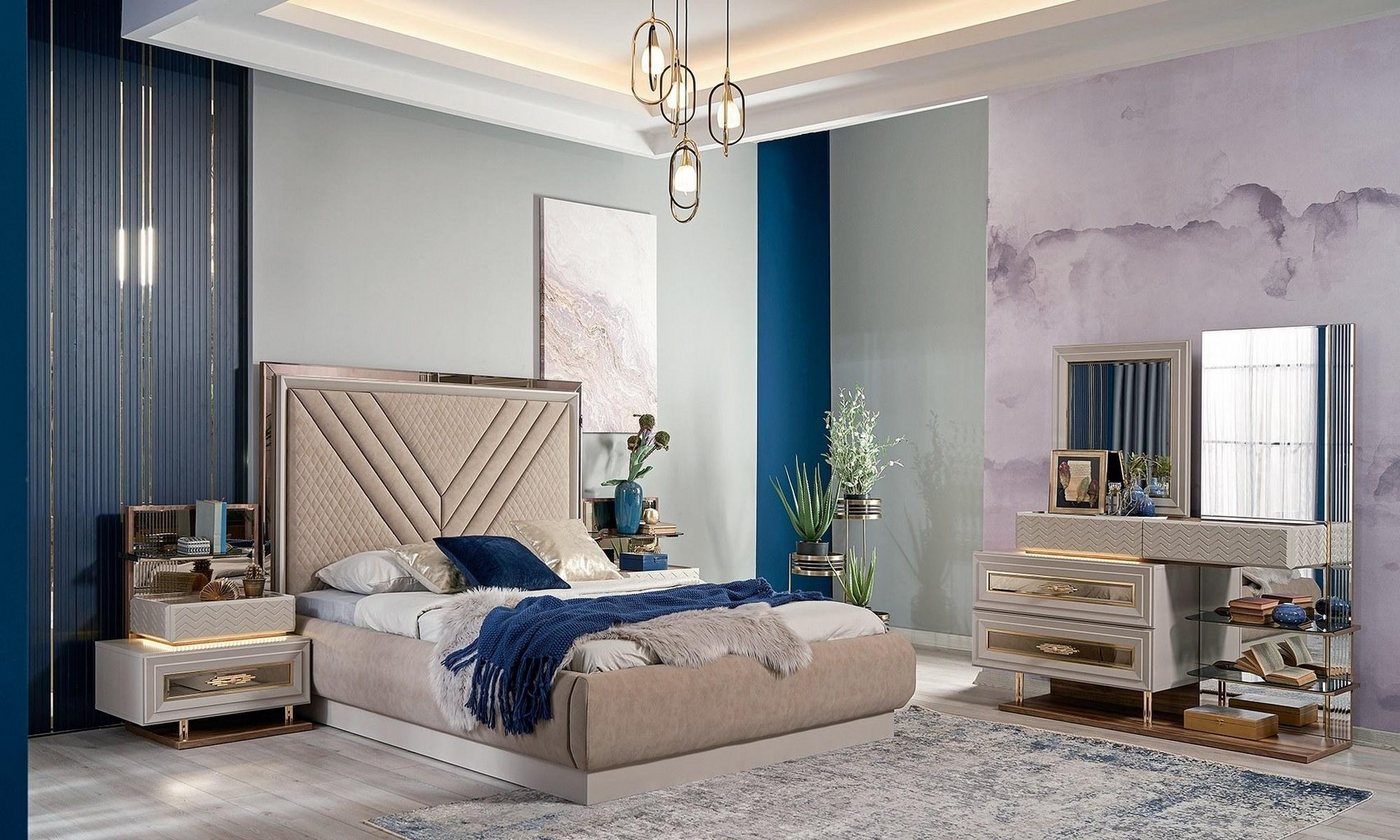 JVmoebel Schlafzimmer-Set Doppelbett Komplette Schlafzimmer Bett Beige 4tlg Holz Schminktisch, (4-tlg., Nur Bett + 2x Nachttische + Schminktisch), Made in Europa von JVmoebel