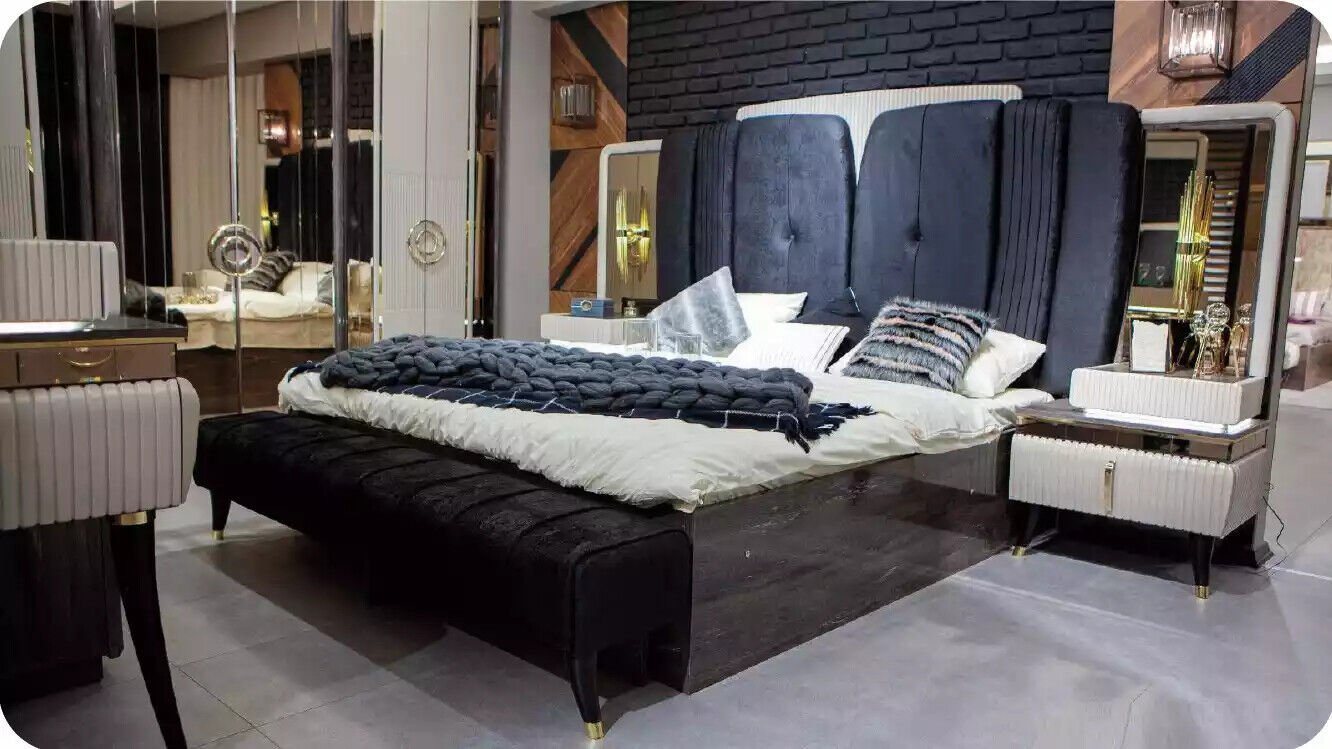 JVmoebel Schlafzimmer-Set Doppelbett Modern Schlafzimmer Garnitur Bett Set 4tlg Bank Schwarz, (4-St., Bett/Bank/2x Nachttische), Made in Europa von JVmoebel