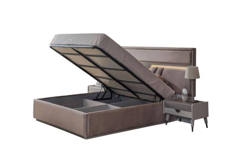 JVmoebel Schlafzimmer-Set Doppelbett Schlafzimmer Bett Nachttische Beige Set 3tlg Bettkasten, (3-St., 1x Bett + 2x Nachttische), Made in Europa von JVmoebel