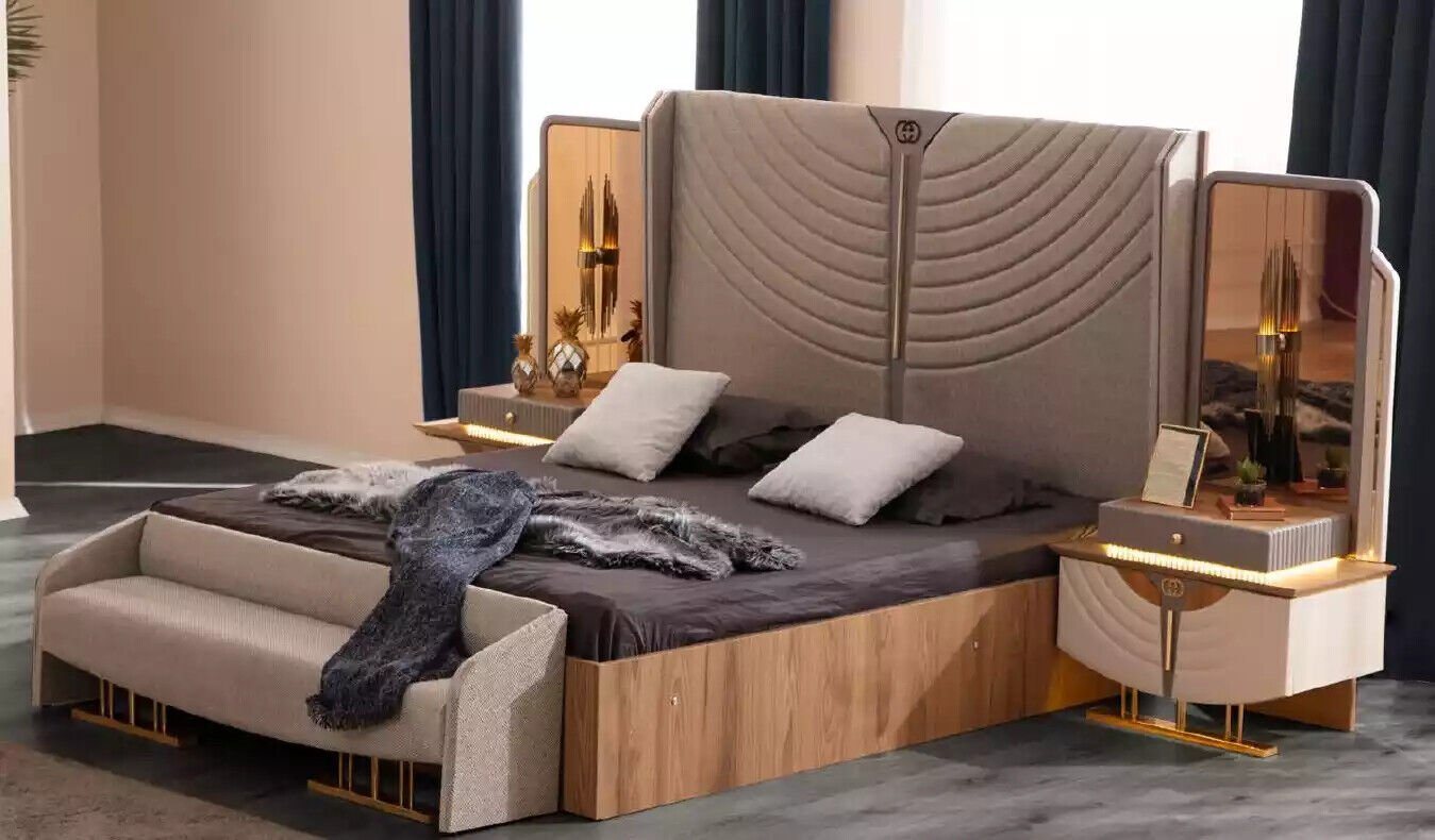 JVmoebel Schlafzimmer-Set Doppelbett Schlafzimmer Garnitur Bett Set Bank Beige Nachttische, (4-St., Bett/Bank/2x Nachttische), Made in Europa von JVmoebel