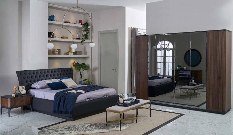 JVmoebel Schlafzimmer-Set Doppelbett Set 4-teilig, Schwarz, für Schlafzimmer, Bettrahmen, (4-tlg., 1x Bett + 2x Nachttische + 1x Kleiderschrank), Made in Europa von JVmoebel