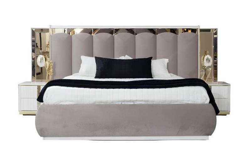 JVmoebel Schlafzimmer-Set Doppelbett Weiß Nachttisch Rosa Schlafzimmer Set Holz Stoff Glas, (3tlg. Schlafzimmer Set(Bett + 2x Nachttische), Made in Europa von JVmoebel