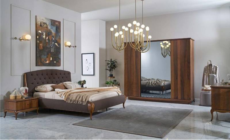 JVmoebel Schlafzimmer-Set Doppelbettset 4-teilig für Schlafzimmer in Braun, (4-tlg., 1x Bett + 1x Kleiderschrank + 2x Nachttische), Made in Europa von JVmoebel
