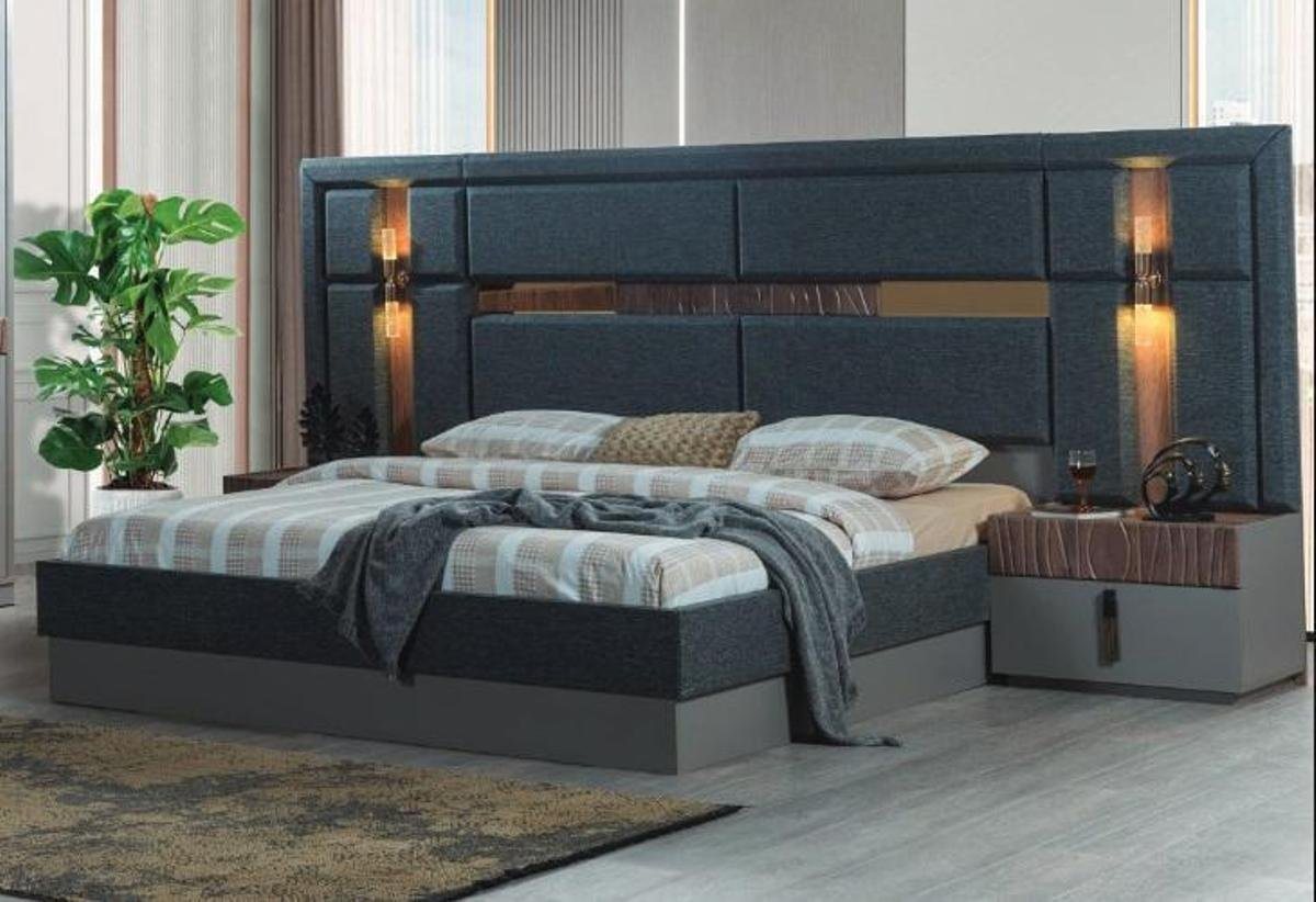 JVmoebel Schlafzimmer-Set Dunkel-Graues Doppelbett Design Holz Nachttische Schlafzimmergarnitur, (3-St., Bett/2x Nachttische), Made in Europa von JVmoebel