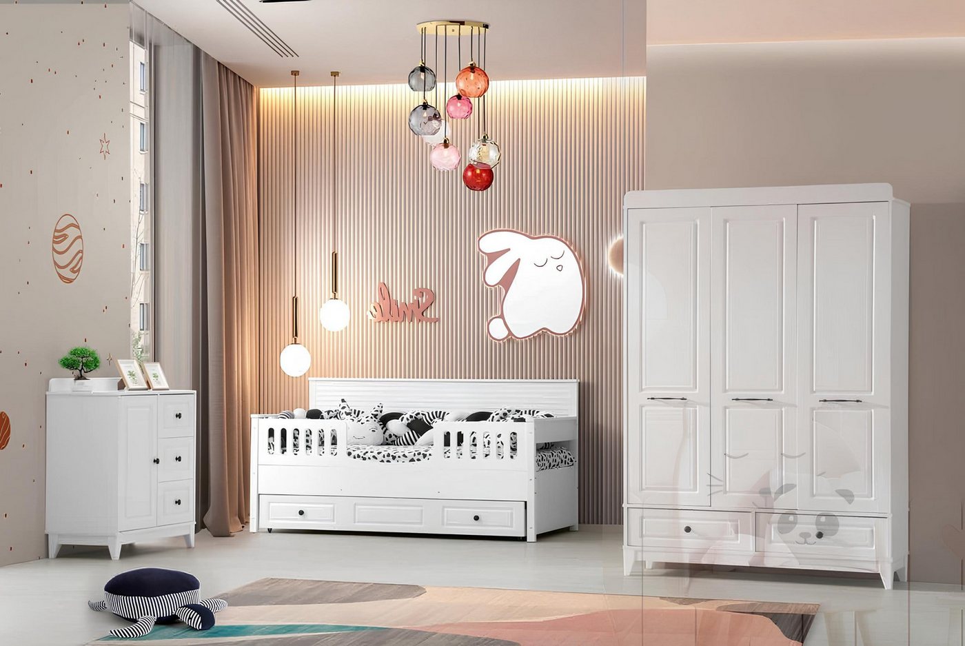 JVmoebel Jugendzimmer-Set Elegantes 3-teiliges Jugendzimmer Set in Weiß für Kinder, (3-tlg., 1x Bett + 1x Kleiderschrank + 1x Kommode), Made in Europa von JVmoebel