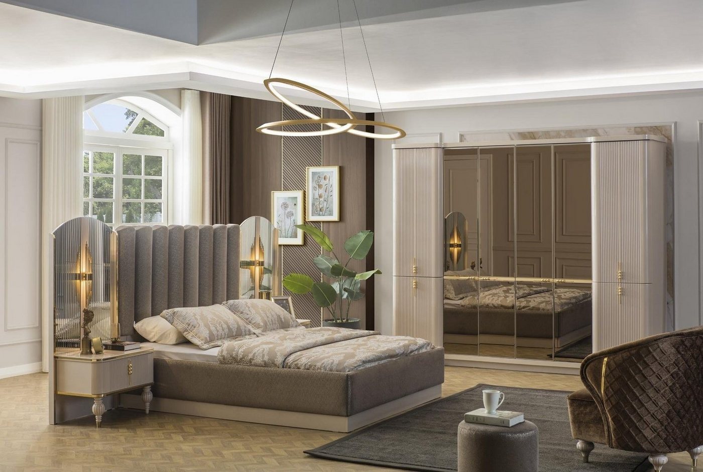 JVmoebel Komplettschlafzimmer Elegantes Designer Doppelbett mit Nachttischen und Schrank, (4-tlg., 1x Bett + 2x Nachttische + 1x Kleiderschrank), Made in Europa von JVmoebel