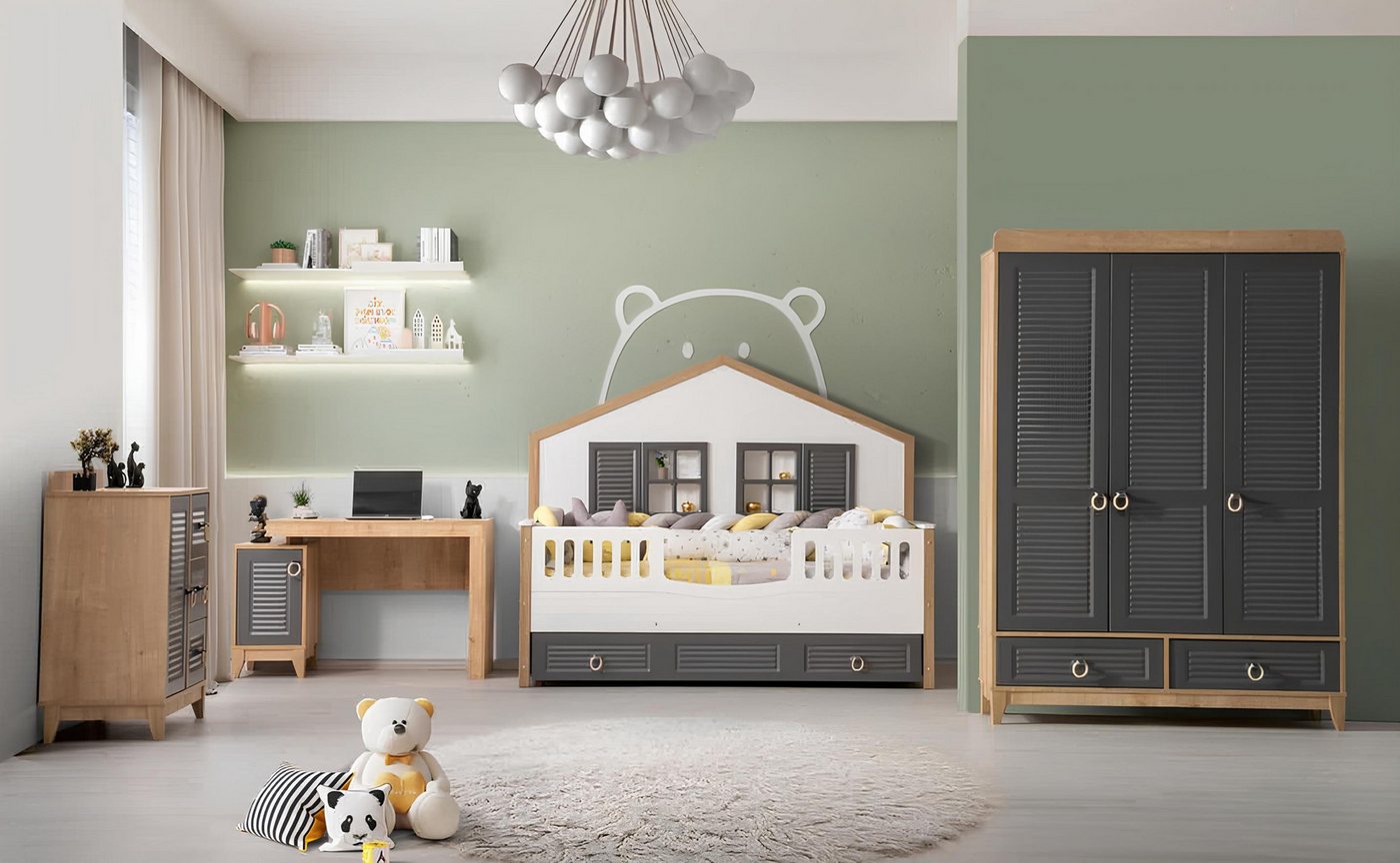 JVmoebel Jugendzimmer-Set Elegantes Kinderzimmermöbel-Set aus Holz in Grau – 4-teilig, (4-tlg., 1x Bett + 1x Kleiderschrank + 1x Kommode + 1x Schreibtisch), Made in Europa von JVmoebel