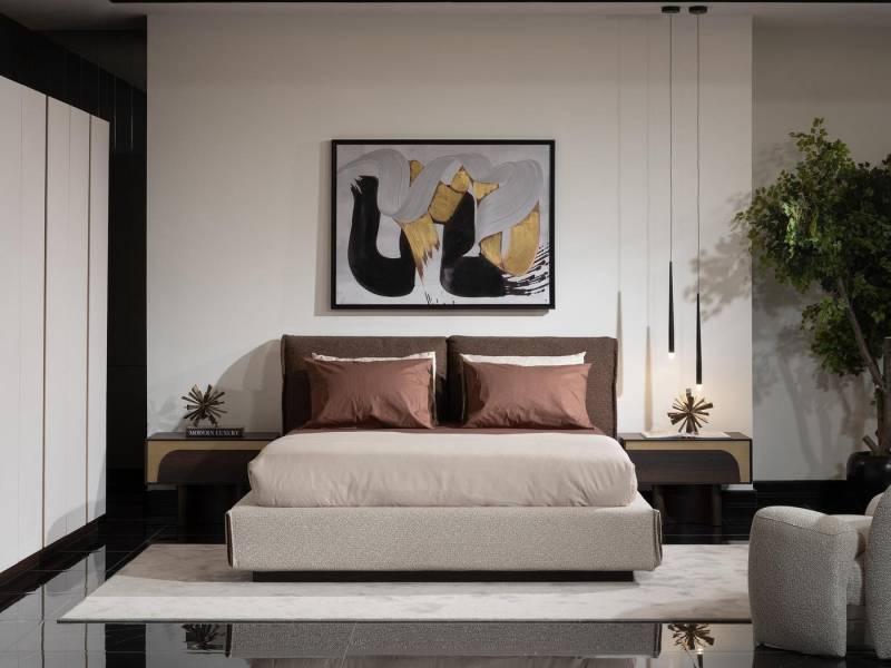 JVmoebel Schlafzimmer-Set Elegantes Schlafzimmer Set Braun Holz Textil mit Bett und Nachttischen, (3-tlg., Bett, 2x Nachttische), Made in Europe von JVmoebel
