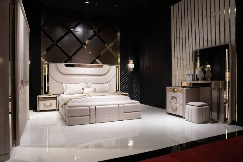JVmoebel Schlafzimmer-Set Elegantes Schlafzimmer-Set aus Holz in Beige mit Bett, Nachttischen, (6-tlg), Made in Europe von JVmoebel