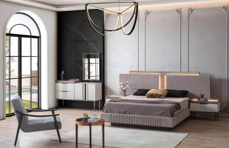 JVmoebel Schlafzimmer-Set Elegantes Schlafzimmer Set mit Bett, Nachtkommode und Schminktisch, (5-tlg., 1x Bett + 2x Nachttische + 1x Schminktisch + 1x Spiegel), Made in Europa von JVmoebel