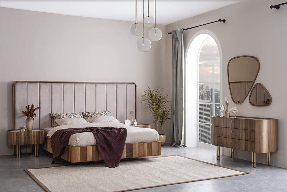 JVmoebel Schlafzimmer-Set Elegantes Schlafzimmer Set: Bett, 2 Nachttische, Kommode, Spiegel, (6-tlg., Bett + 2x Nachttische + Kommode mit 2x Spiegel), Made in Europa von JVmoebel