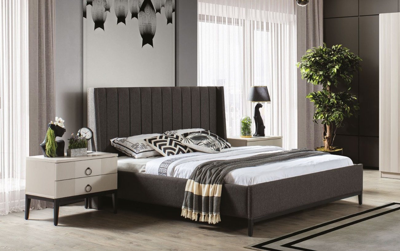 JVmoebel Schlafzimmer-Set Elegantes Schlafzimmermöbel-Set: Bett mit 2 Nachttischen in Grau, (3-tlg., 1x Bett + 2x Nachttische), Made in Europa von JVmoebel