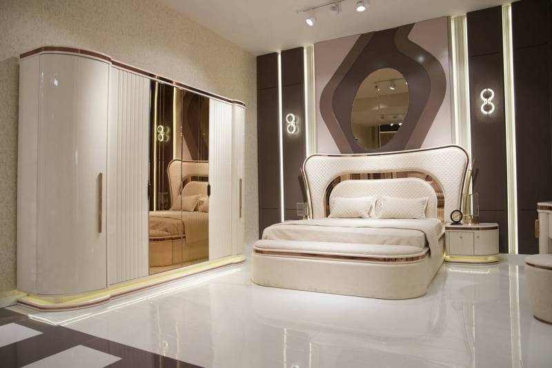 JVmoebel Schlafzimmer-Set Elegantes weißes Schlafzimmer-Set aus Holz mit modernem Design, (5-tlg., Maße Bett, Maße Kleiderschrank, Maße 2x Nachttische, Maße Bank), Made in Europe von JVmoebel