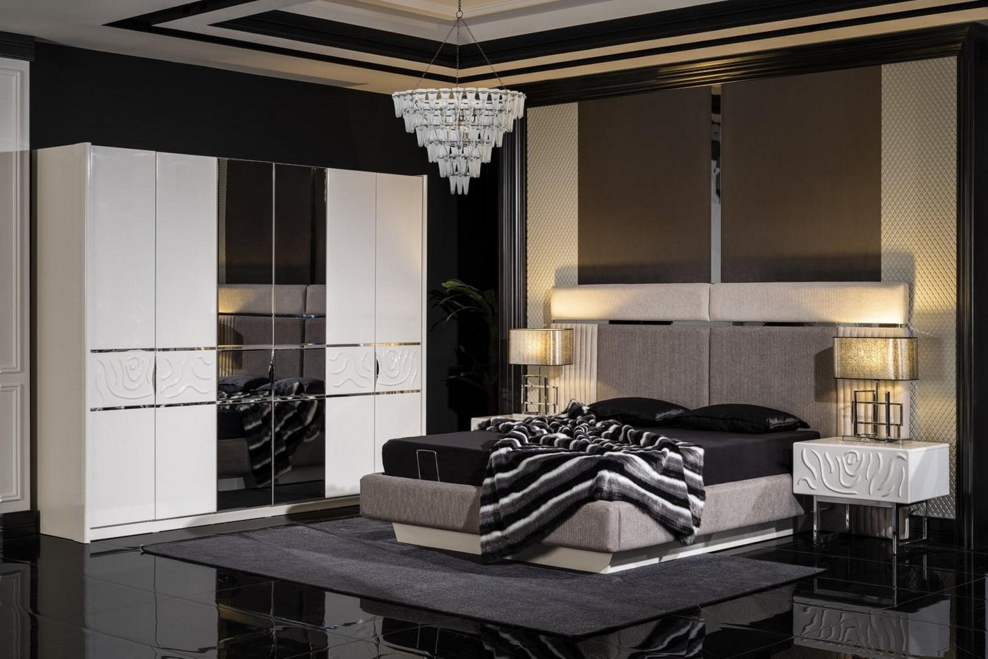 JVmoebel Schlafzimmer-Set Elegantes weißes Schlafzimmermöbel-Set aus Holz mit modernem Design, (4-tlg., Bett, 2x Nachttische, Kleiderschrank), Made in Europe von JVmoebel