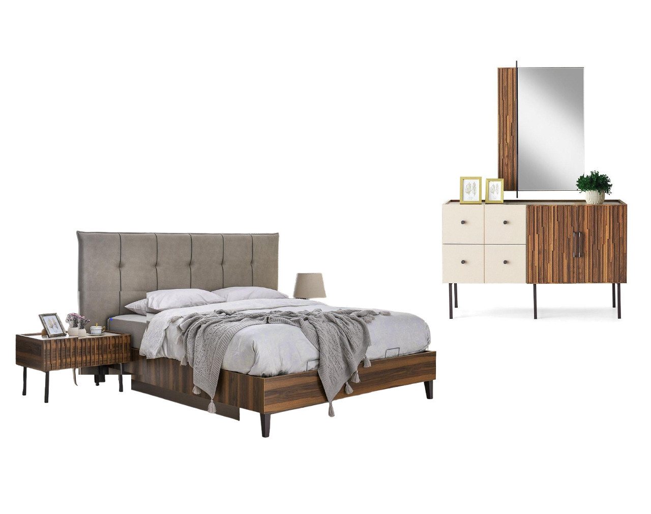 JVmoebel Schlafzimmer-Set Exklusive Schlafzimmer Doppelbett Holz Nachttische Kommode, (5-St., Bett + 2x Nachttische + Kommode + Spiegel), Made in Europa von JVmoebel