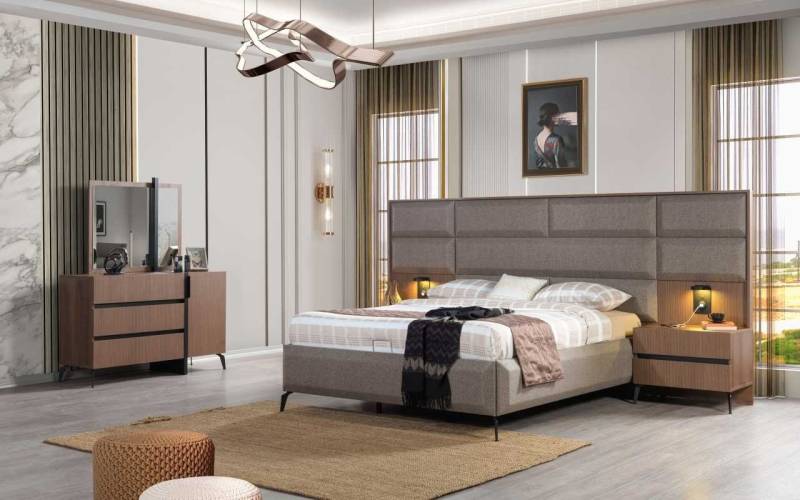 JVmoebel Schlafzimmer-Set Exklusives 5-teiliges Set: Spiegel, Kommode und Bett in Grau-Braun, (5-tlg., Nur Bett + 2x Nachttische + Kommode + Spiegel), Made in Europa von JVmoebel