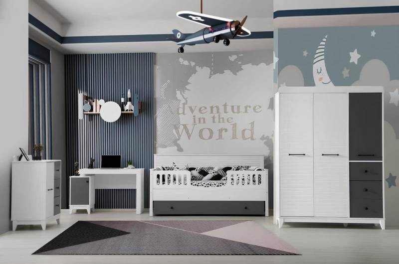 JVmoebel Jugendzimmer-Set Farbenfrohes Kinderzimmer Set – Stilvolle Möbel für Kleines, (4-tlg., 1x Bett + 1x Kleiderschrank + 1x Kommode + 1x Schreibtisch), Made in Europa von JVmoebel