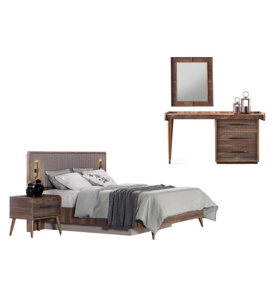 JVmoebel Schlafzimmer-Set Garnitur Bett Nachttische Braun Schminktisch Schlafzimmer 5tlg, (5-tlg., Bett + 2x Nachttische + Schminktisch + Spiegel), Made in Europa von JVmoebel