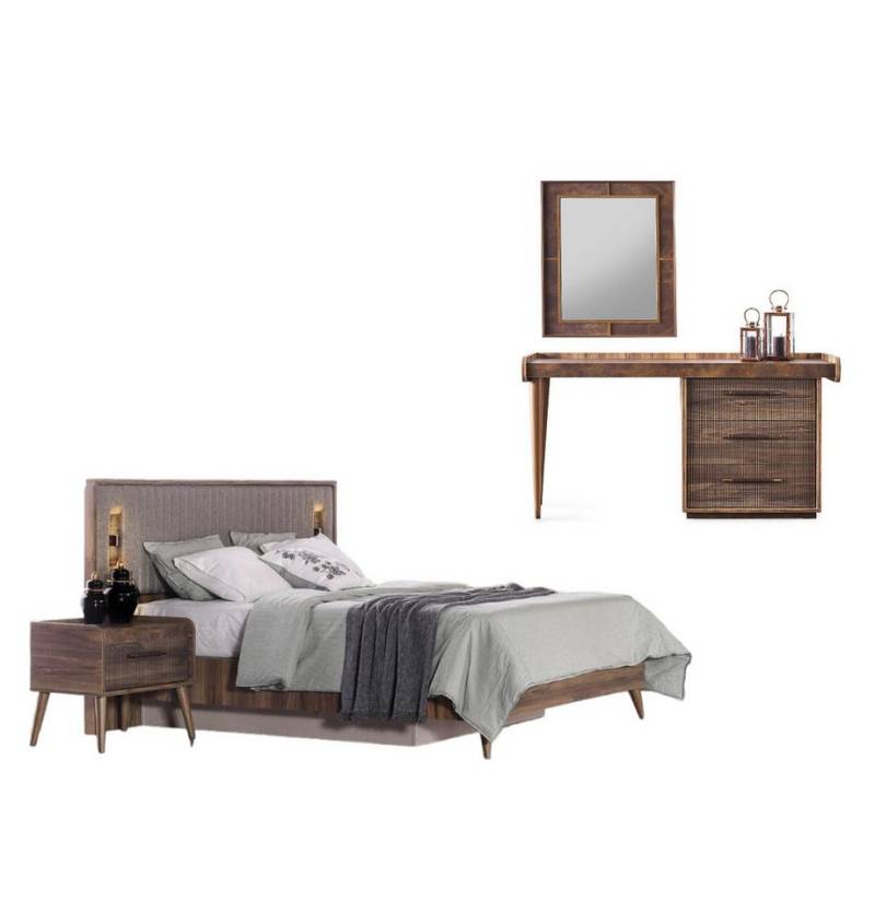 JVmoebel Schlafzimmer-Set Garnitur Bett Nachttische Braun Schminktisch Schlafzimmer 5tlg, (5-tlg., Bett + 2x Nachttische + Schminktisch + Spiegel), Made in Europa von JVmoebel