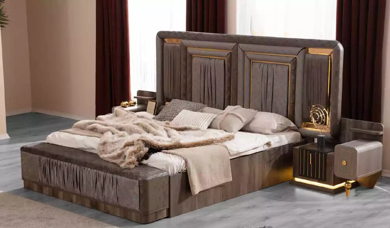 JVmoebel Schlafzimmer-Set Garnitur Doppelbett Grau Nachttische Schlafzimmer Bett Set Luxus, (4-St., Bett/Bank/2x Nachttische), Made in Europa von JVmoebel