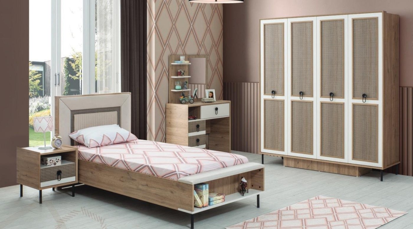 JVmoebel Schlafzimmer-Set Garnitur Kinderzimmer Bett Kinderbett Kindermöbel Braun Holz Set 5tlg, (5-St., Kinderbett, Nachttisch, Kleiderschrank, Kommode, Spiegel), Made in Europa von JVmoebel