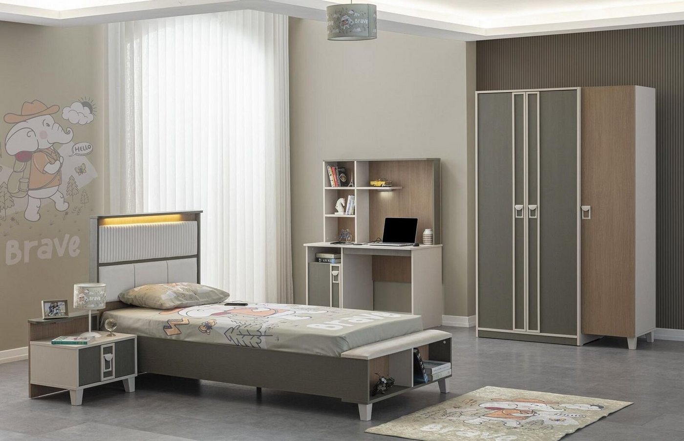 JVmoebel Schlafzimmer-Set Garnitur Kinderzimmer Bett Kinderbett Kindermöbel Grau Holz Set 4tlg, (4-St., Kinderbett, Nachttisch, Kleiderschrank, Schreibtisch), Made in Europa von JVmoebel