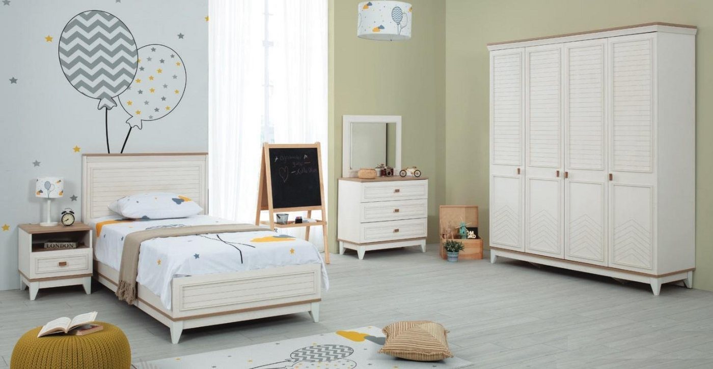 JVmoebel Schlafzimmer-Set Garnitur Kinderzimmer Bett Kinderbett Kindermöbel Weiß Holz Set 5tlg, (5-St., Kinderbett, Nachttisch, Kleiderschrank, Kommode, Spiegel), Made in Europa von JVmoebel