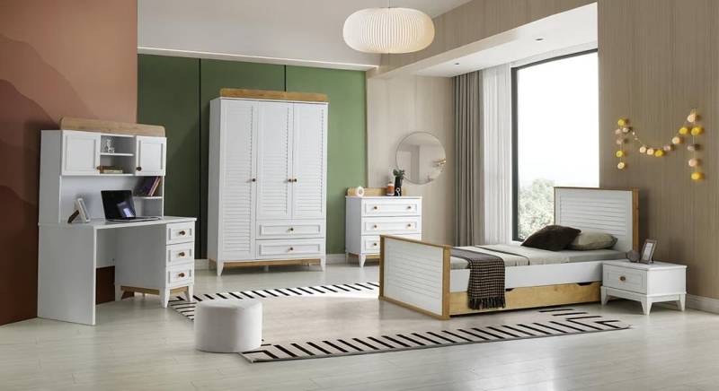 JVmoebel Jugendzimmer-Set Garnitur Kinderzimmer Bett Kinderbett Kindermöbel Weiß Holz Set 5tlg, (5-tlg., Schlafzimmer-Set), Made in Europa von JVmoebel