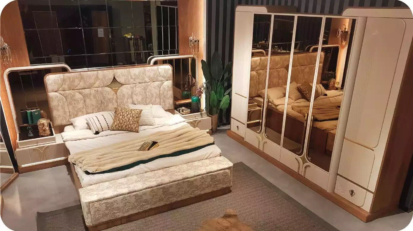 JVmoebel Schlafzimmer-Set Garnitur Luxus Schlafzimmer Doppelbett Bett Set 4tlg Beige Modern, (4-St., Bett/2x Nachttische/Kleiderschrank), Made in Europa von JVmoebel