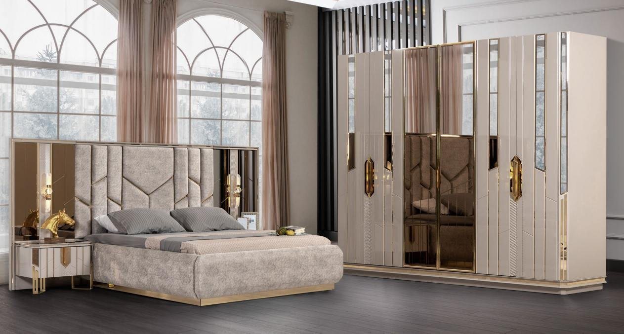 JVmoebel Schlafzimmer-Set Garnitur Schlafzimmer Doppelbett Bett Nachttische Beige Schrank, (4-St., Bett/2x Nachttische/Kleiderschrank), Made in Europa von JVmoebel