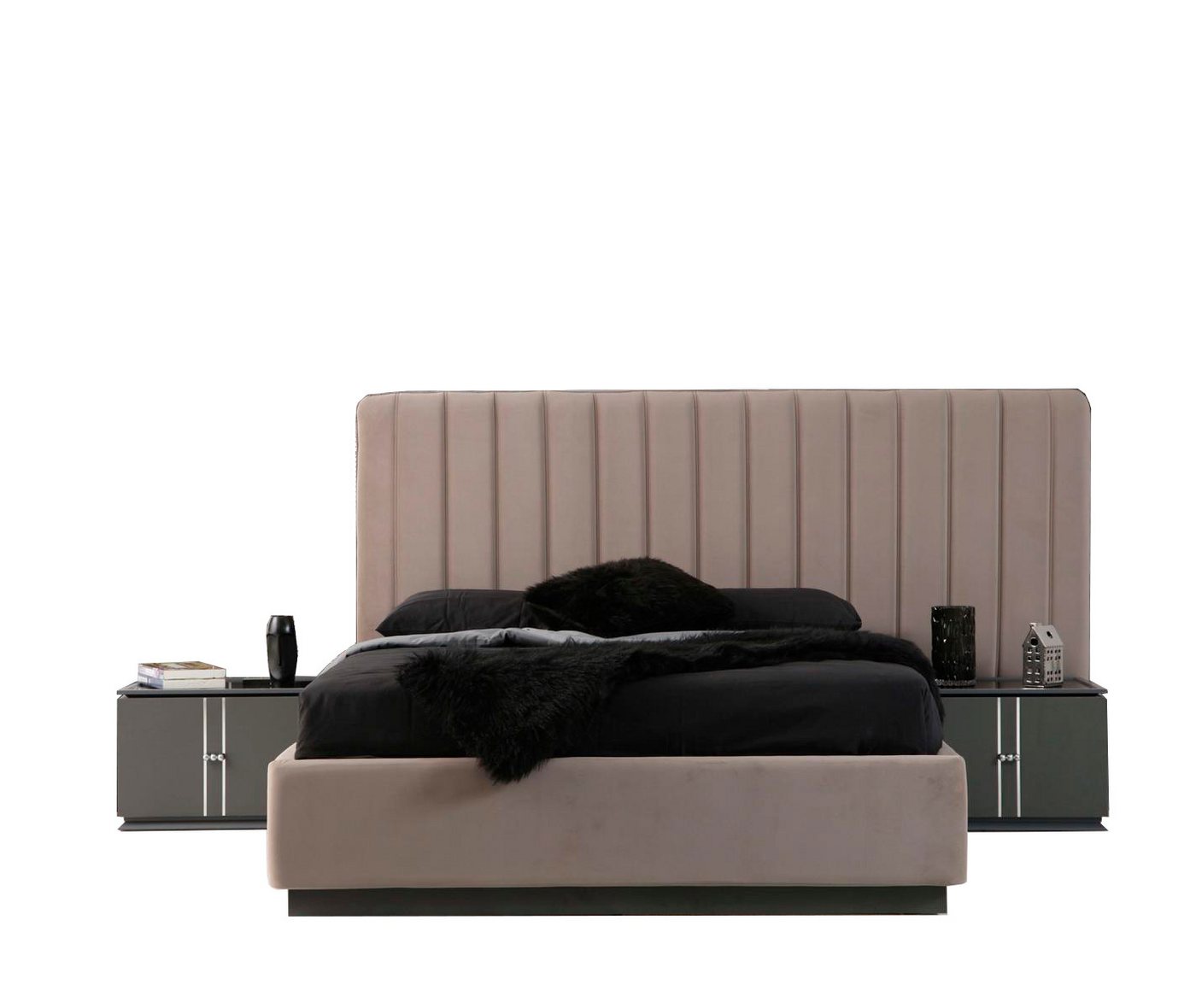 JVmoebel Schlafzimmer-Set Grau-Beige Schlafzimmer Garnitur Modernes Designer Bett 2x Nachttische, (3-St., Bett/2x Nachttische), Made in Europa von JVmoebel