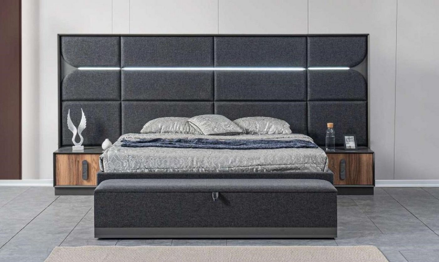 JVmoebel Schlafzimmer-Set Grau Bett 2x Nachttische 3 tlg. Schlafzimmer Set Design Modern Neu Set, (3-tlg., Bett + Bank + 2x Nachttische), Made in Europa von JVmoebel