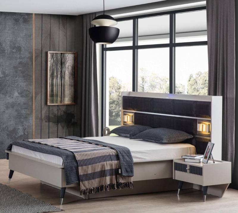 JVmoebel Schlafzimmer-Set Grau-weiße Schlafzimmergarnitur mit 2 Nachttischen, 3-teilig, (3-tlg., 1x Bett + 2x Nachttische), Made in Europa von JVmoebel