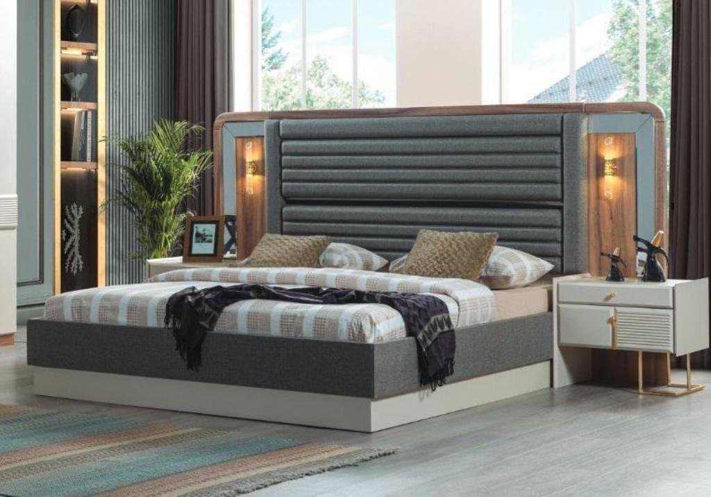 JVmoebel Schlafzimmer-Set Graue Betten Designer Schlafzimmer Doppelbett 2x Holz Nachttische 3tlg, (3-St., Bett/2x Nachttische), Made in Europa von JVmoebel